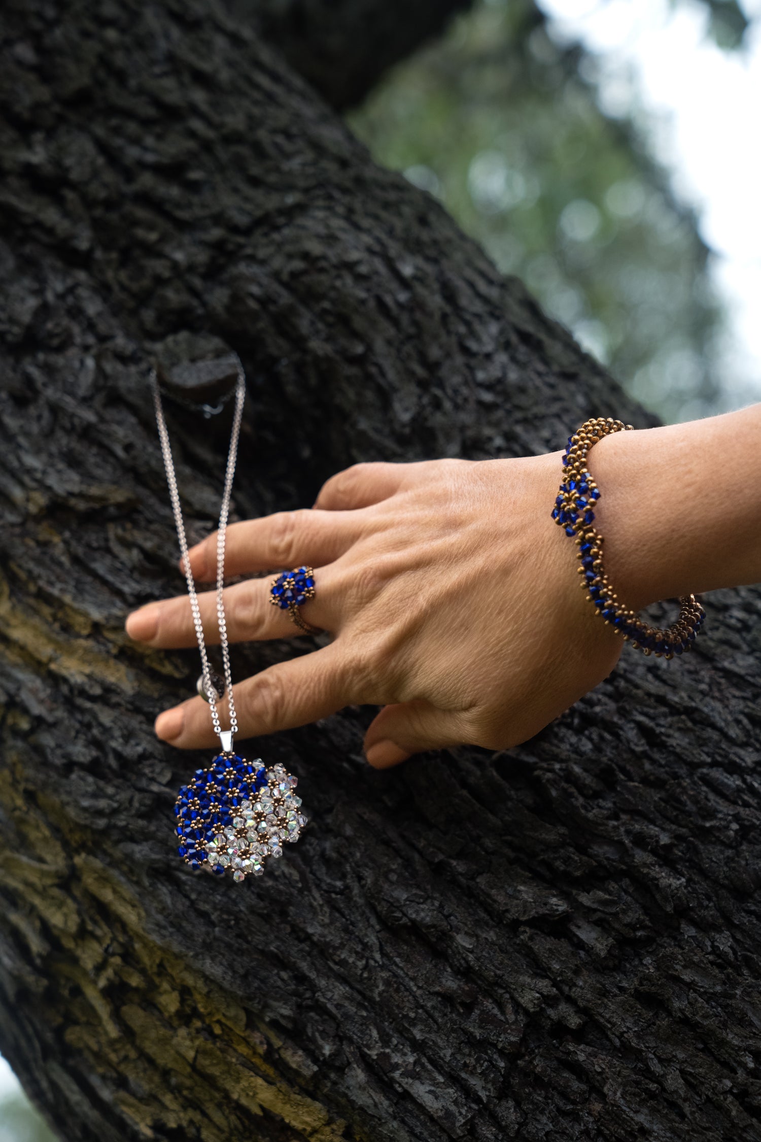 Set grande Fiore della Vita - Orecchini, doppia collana, bracciale, anello.